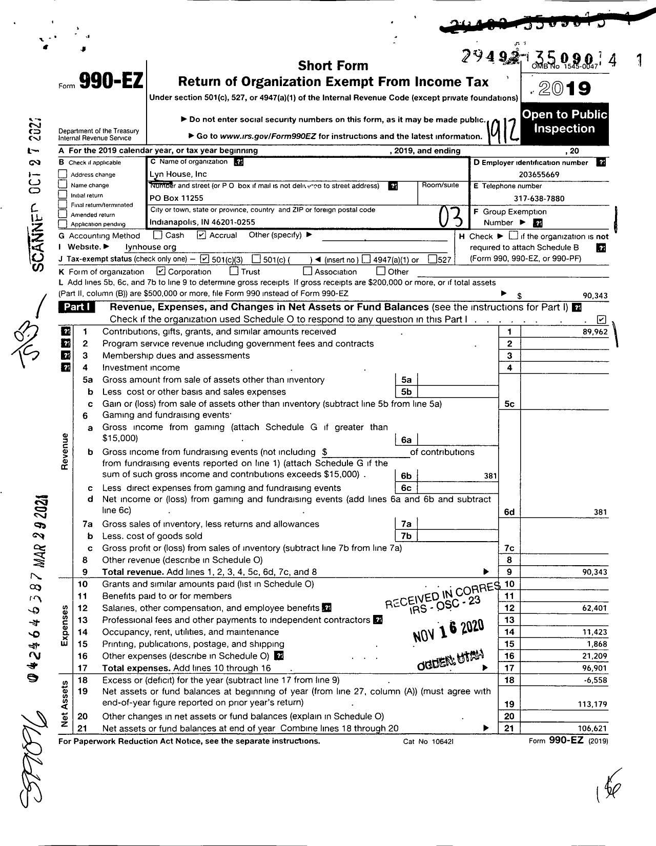 Image of first page of 2019 Form 990EZ for Lyn House