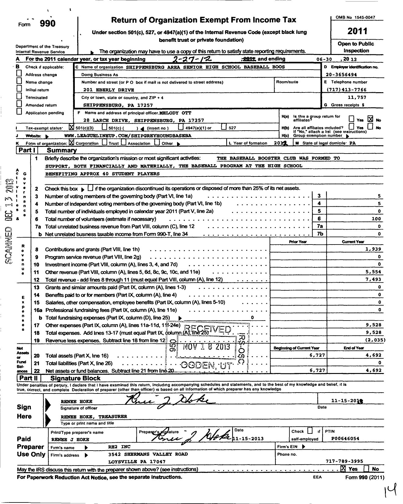 Image of first page of 2011 Form 990 for Shippensburg Area Senior High School Baseball Booster Club