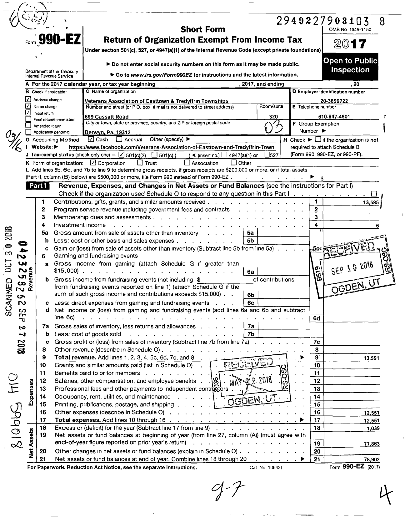 Image of first page of 2017 Form 990EZ for Veterans Association of Easttown and Tredyffrin Townships