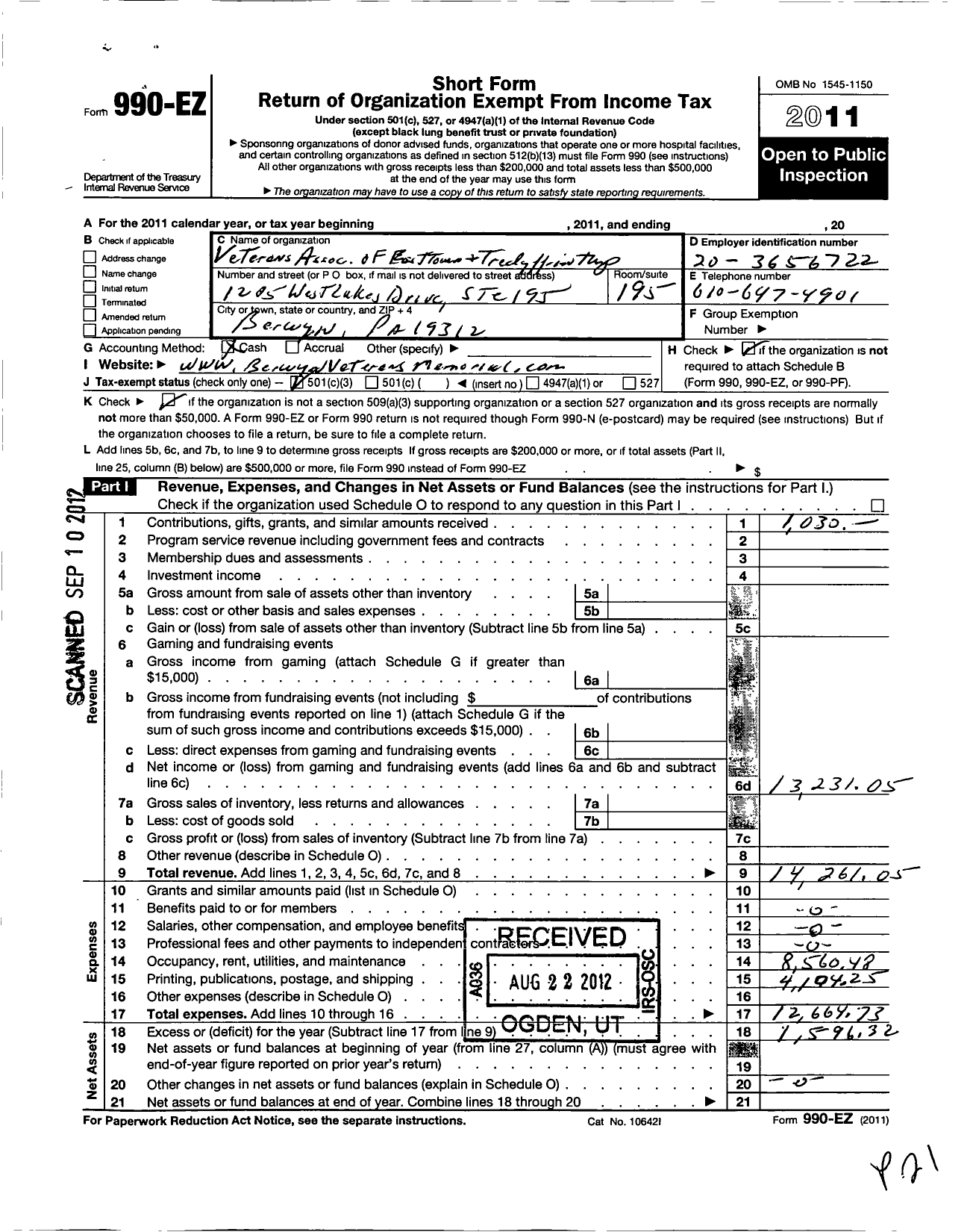 Image of first page of 2011 Form 990EZ for Veterans Association of Easttown and Tredyffrin Townships