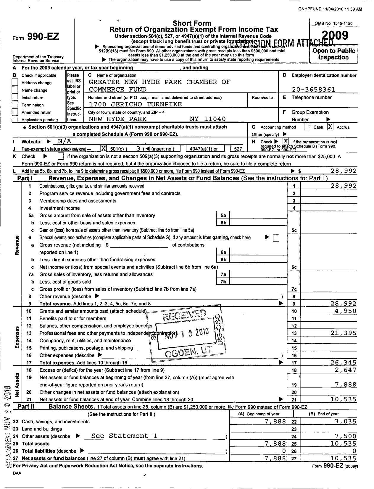 Image of first page of 2009 Form 990EZ for Greater New Hyde Park Chamber of Commerce Fund