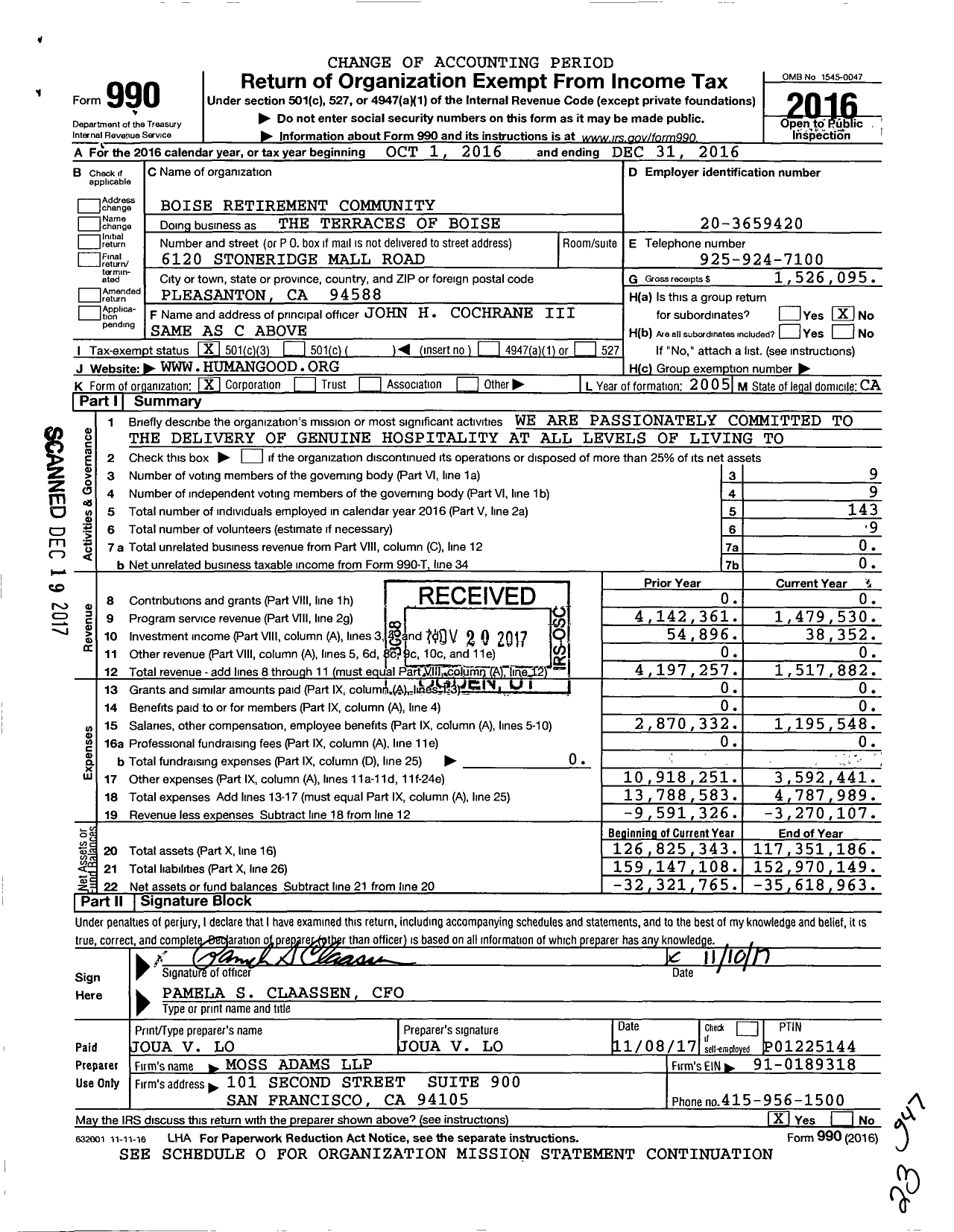Image of first page of 2016 Form 990 for The Terraces of Boise