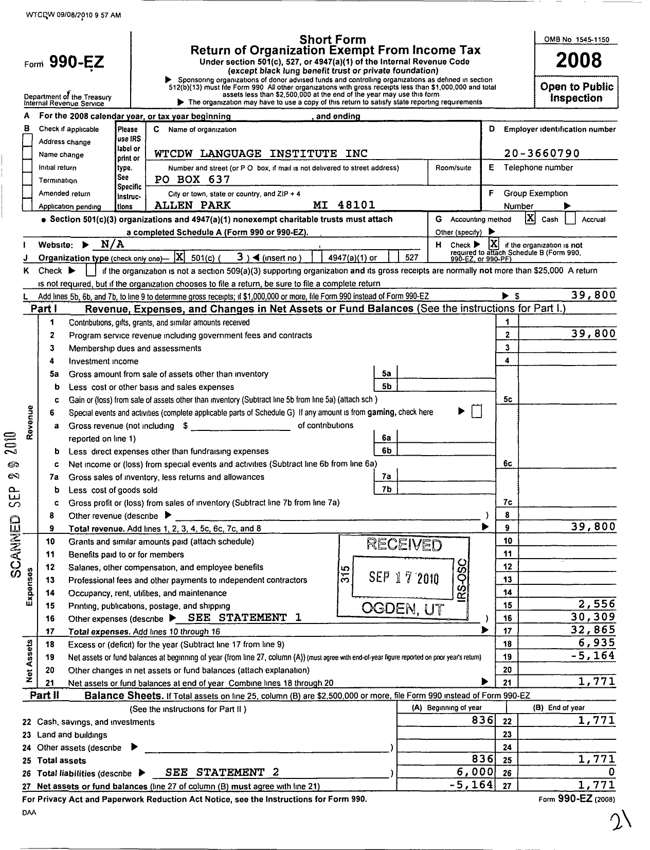 Image of first page of 2008 Form 990EZ for WTCDW Language Institute