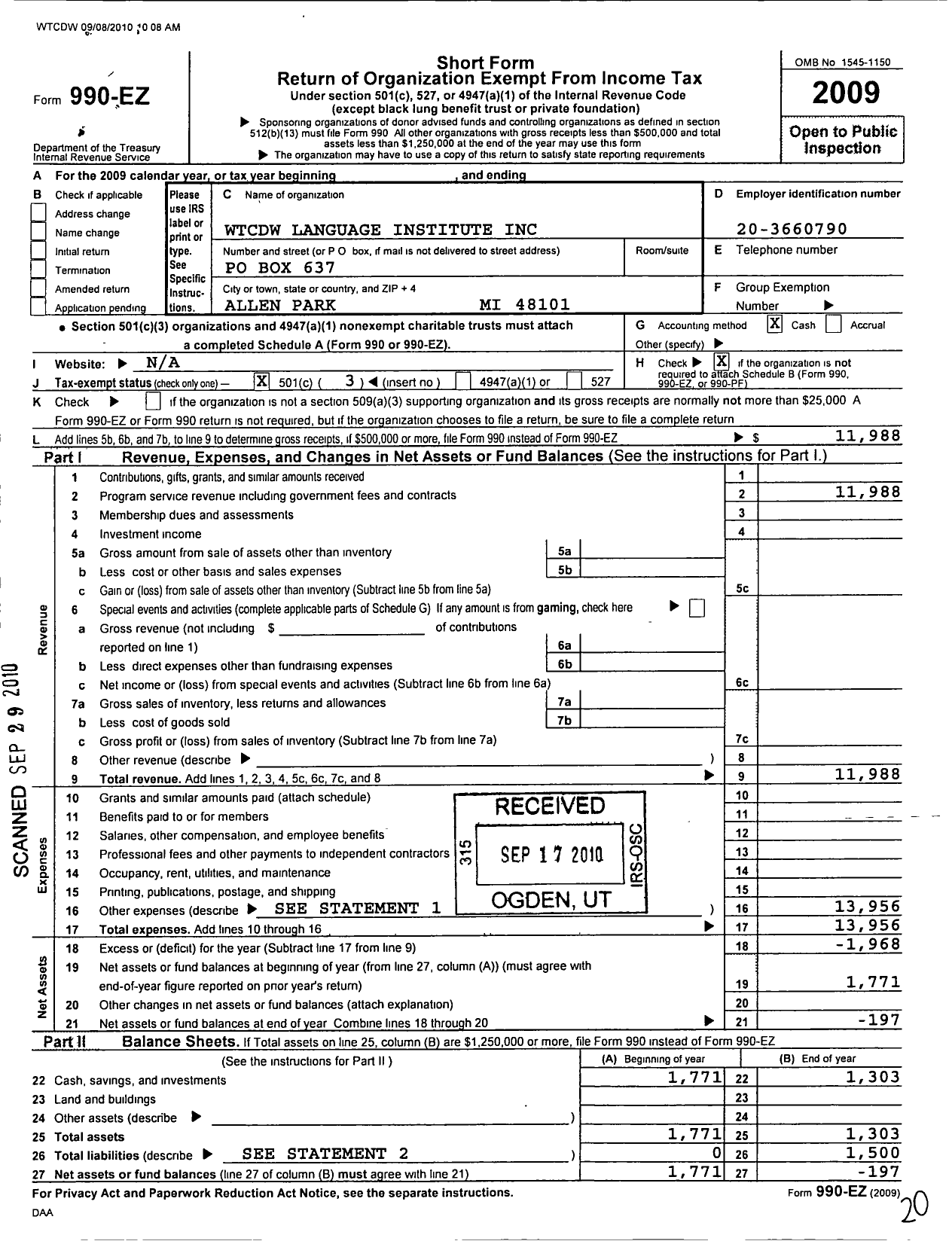 Image of first page of 2009 Form 990EZ for WTCDW Language Institute