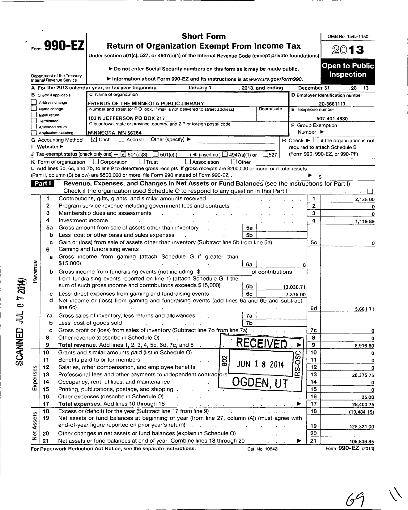 Image of first page of 2013 Form 990EZ for Friends of the Minneota Public Library Library