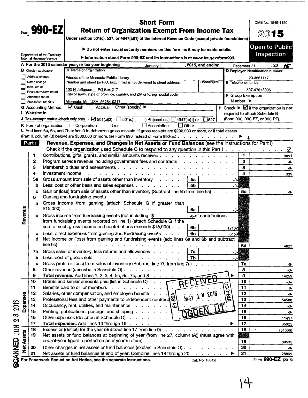 Image of first page of 2015 Form 990EZ for Friends of the Minneota Public Library Library