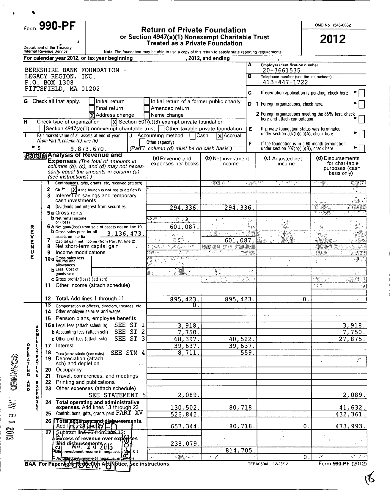 Image of first page of 2012 Form 990PF for Berkshire Bank Foundation Legacy Region