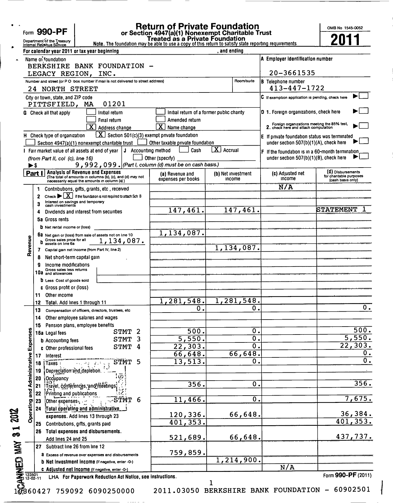 Image of first page of 2010 Form 990PF for Berkshire Bank Foundation Legacy Region