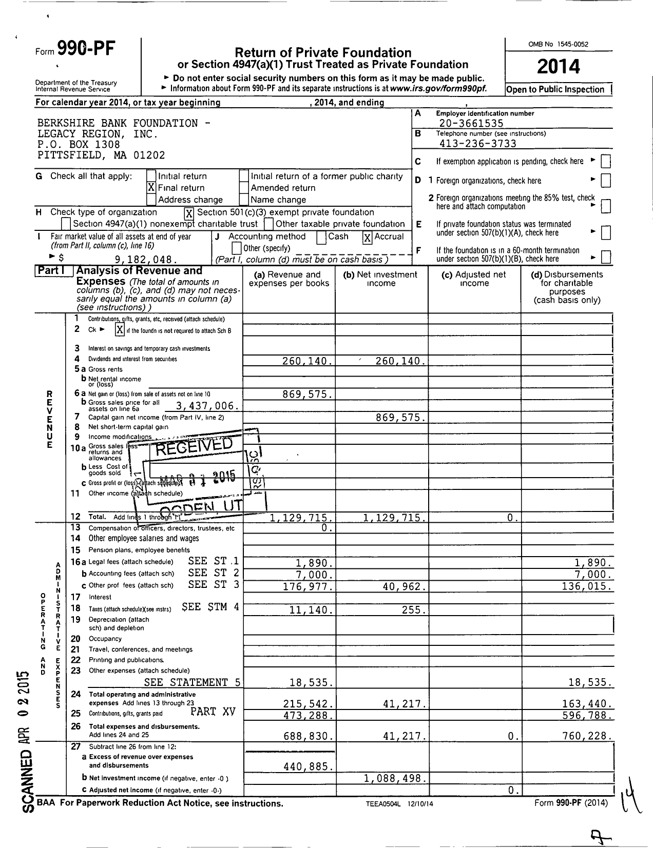 Image of first page of 2014 Form 990PF for Berkshire Bank Foundation Legacy Region