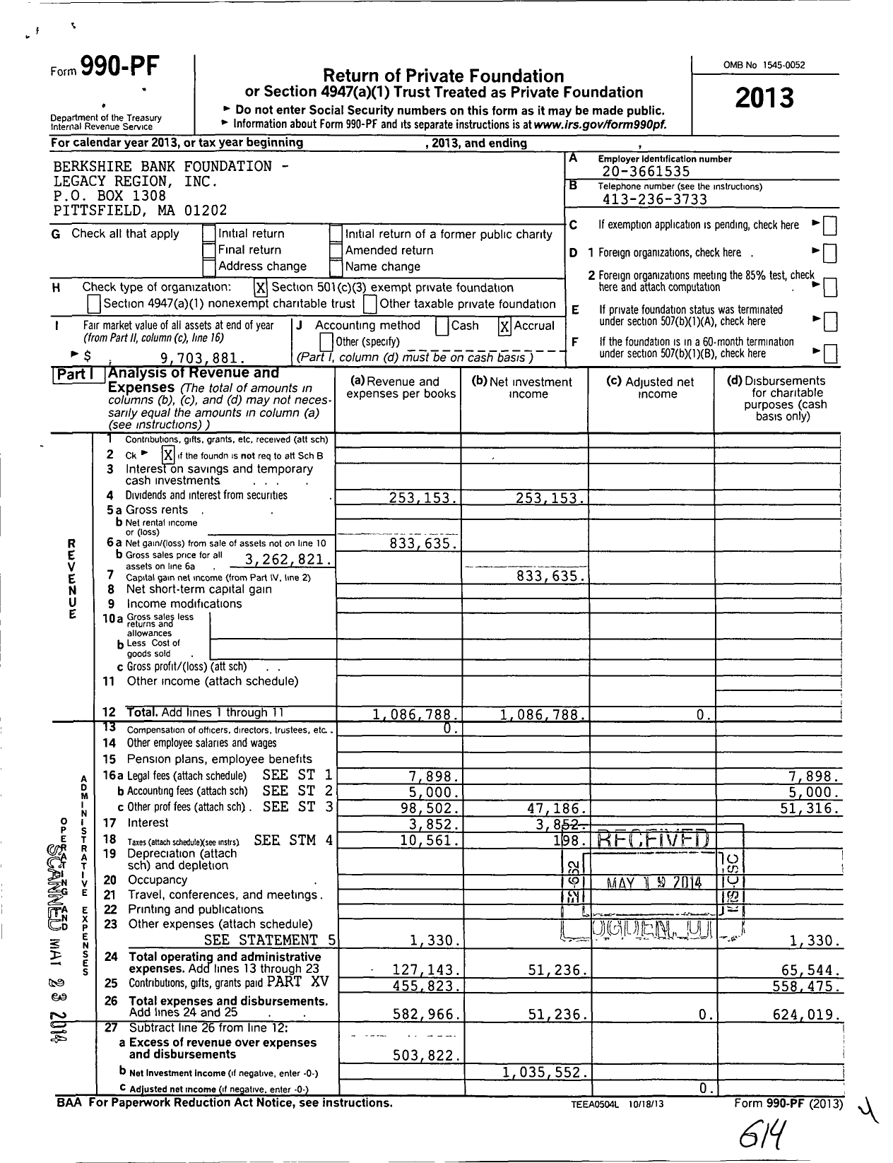 Image of first page of 2013 Form 990PF for Berkshire Bank Foundation Legacy Region