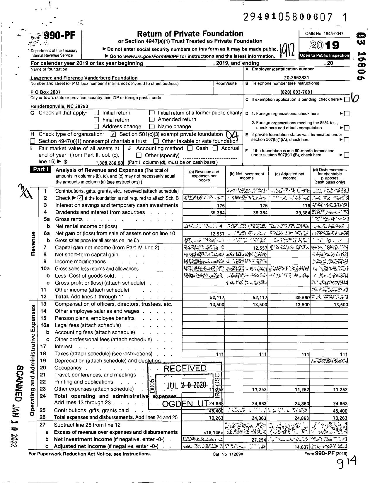 Image of first page of 2019 Form 990PF for The Lawrence and Florence Vanderberg Foundation