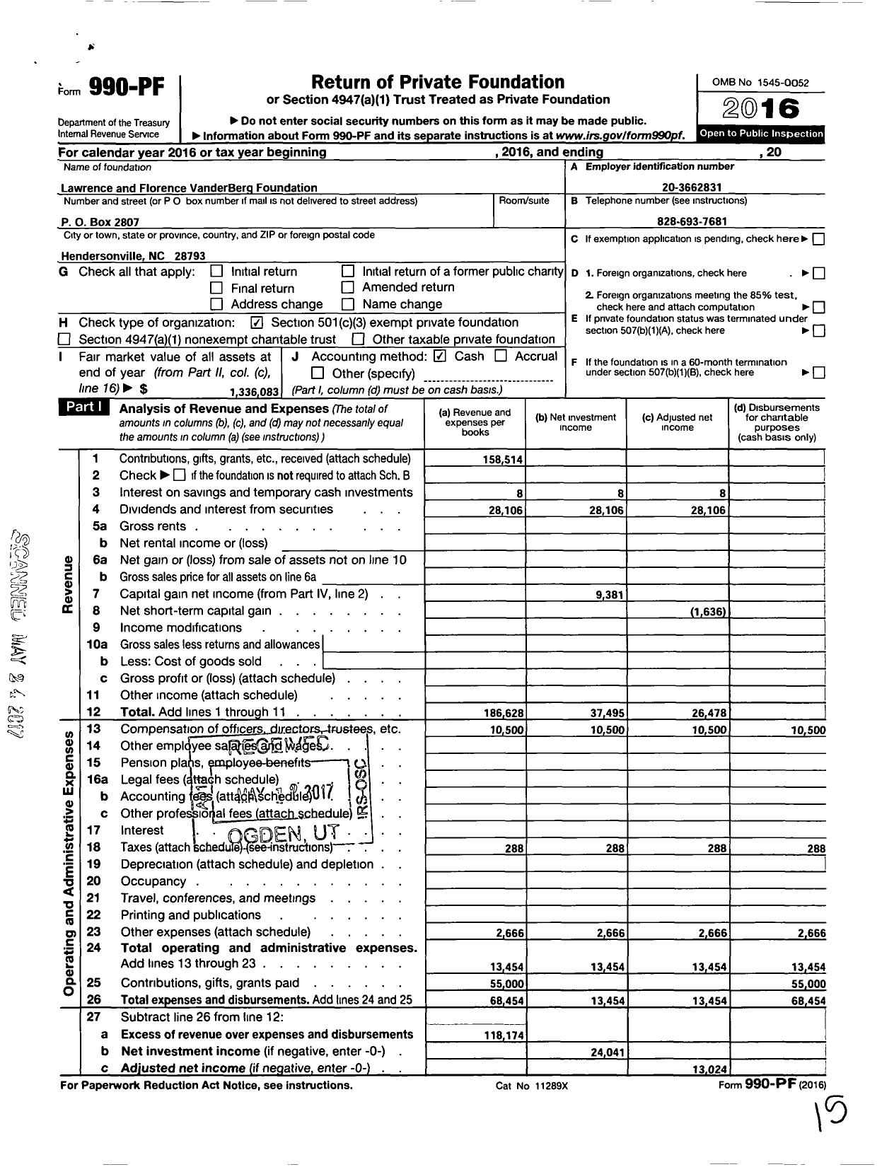 Image of first page of 2016 Form 990PF for The Lawrence and Florence Vanderberg Foundation