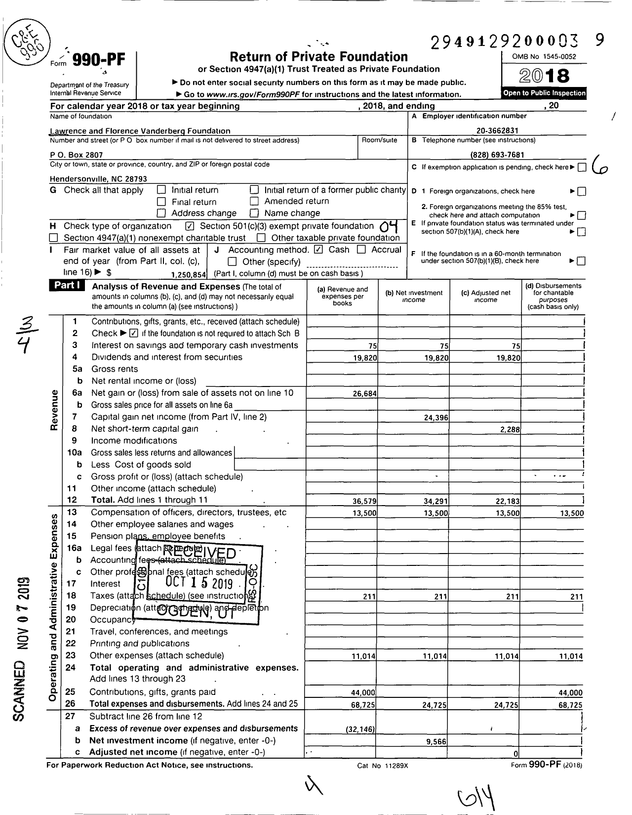 Image of first page of 2018 Form 990PF for The Lawrence and Florence Vanderberg Foundation