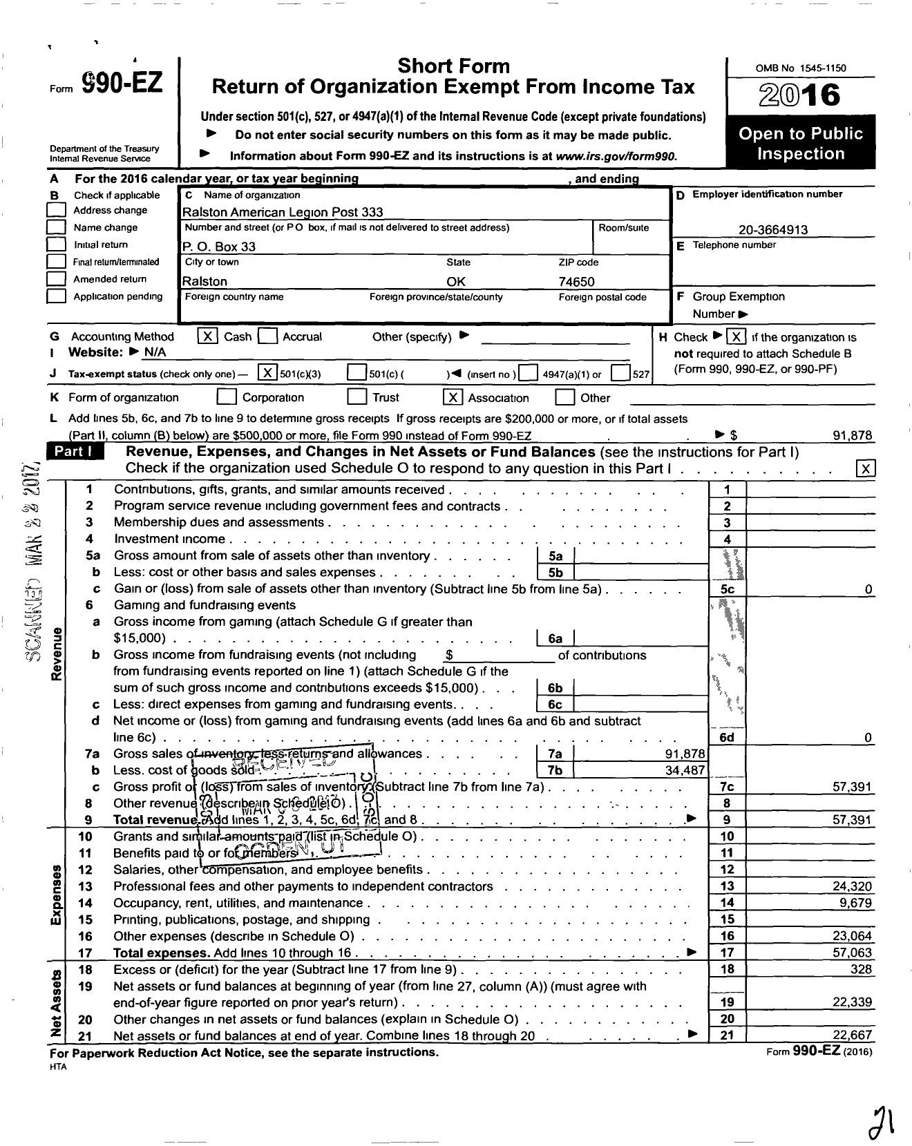 Image of first page of 2016 Form 990EZ for American Legion - Ralston Post