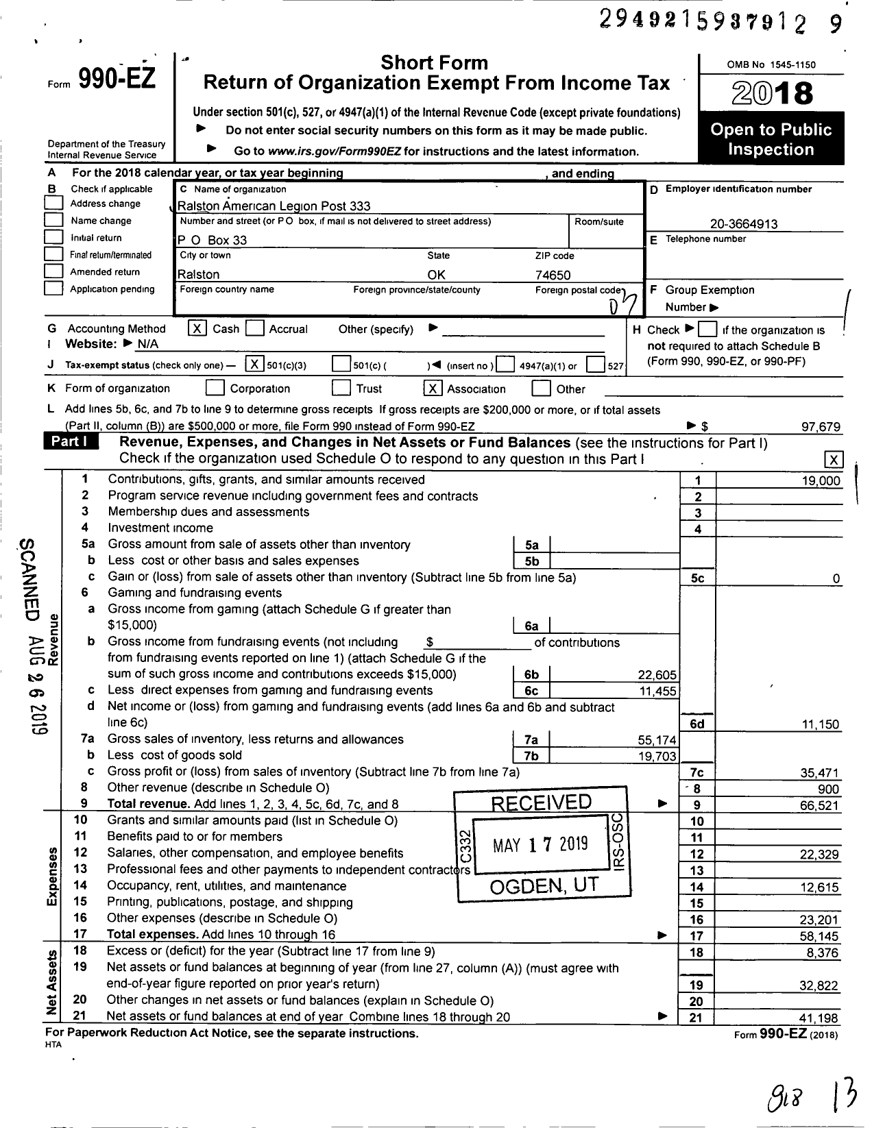 Image of first page of 2018 Form 990EZ for American Legion - Ralston Post