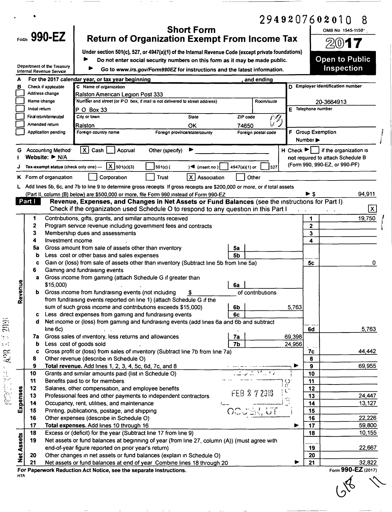 Image of first page of 2017 Form 990EZ for American Legion - Ralston Post