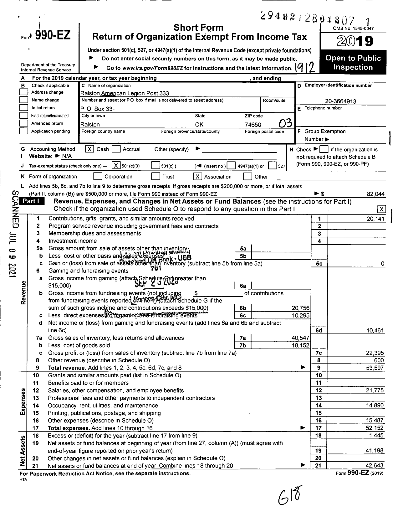 Image of first page of 2019 Form 990EZ for American Legion - Ralston Post