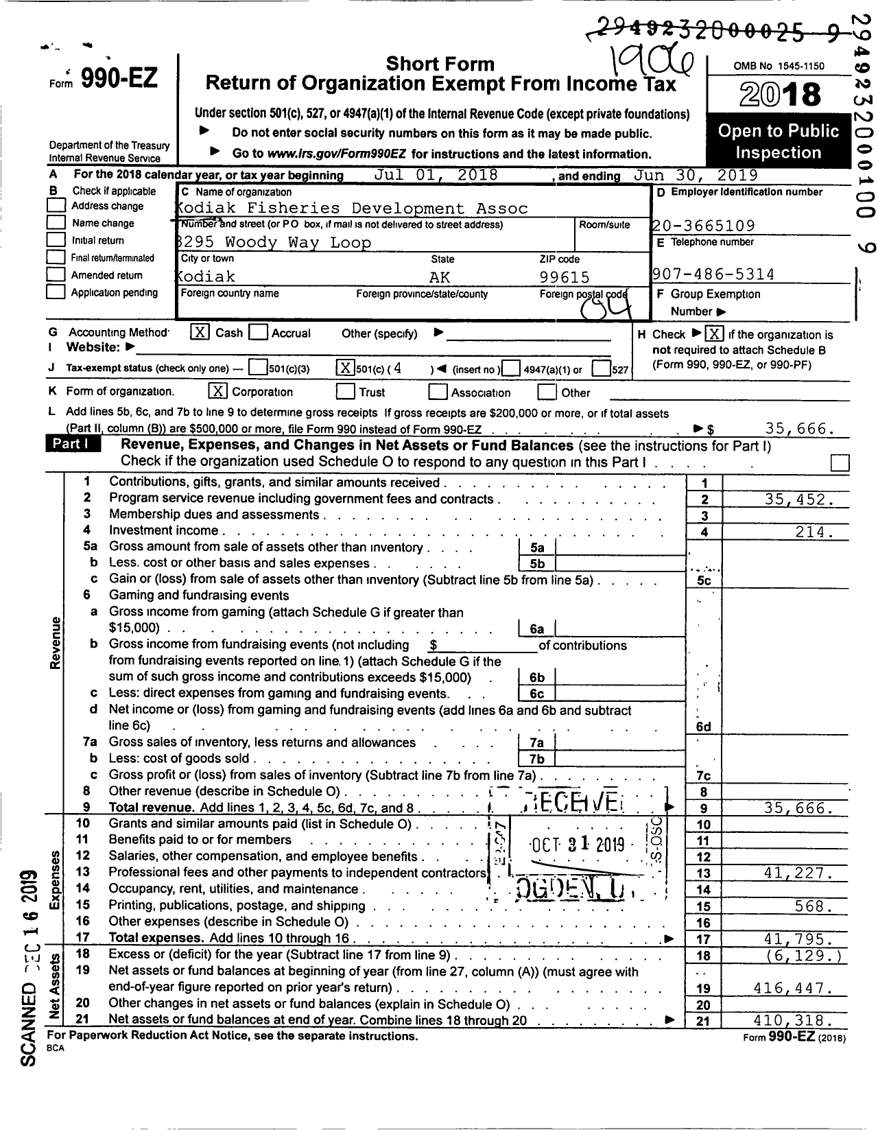 Image of first page of 2018 Form 990EO for Kodiak Fisheries Development Assoc