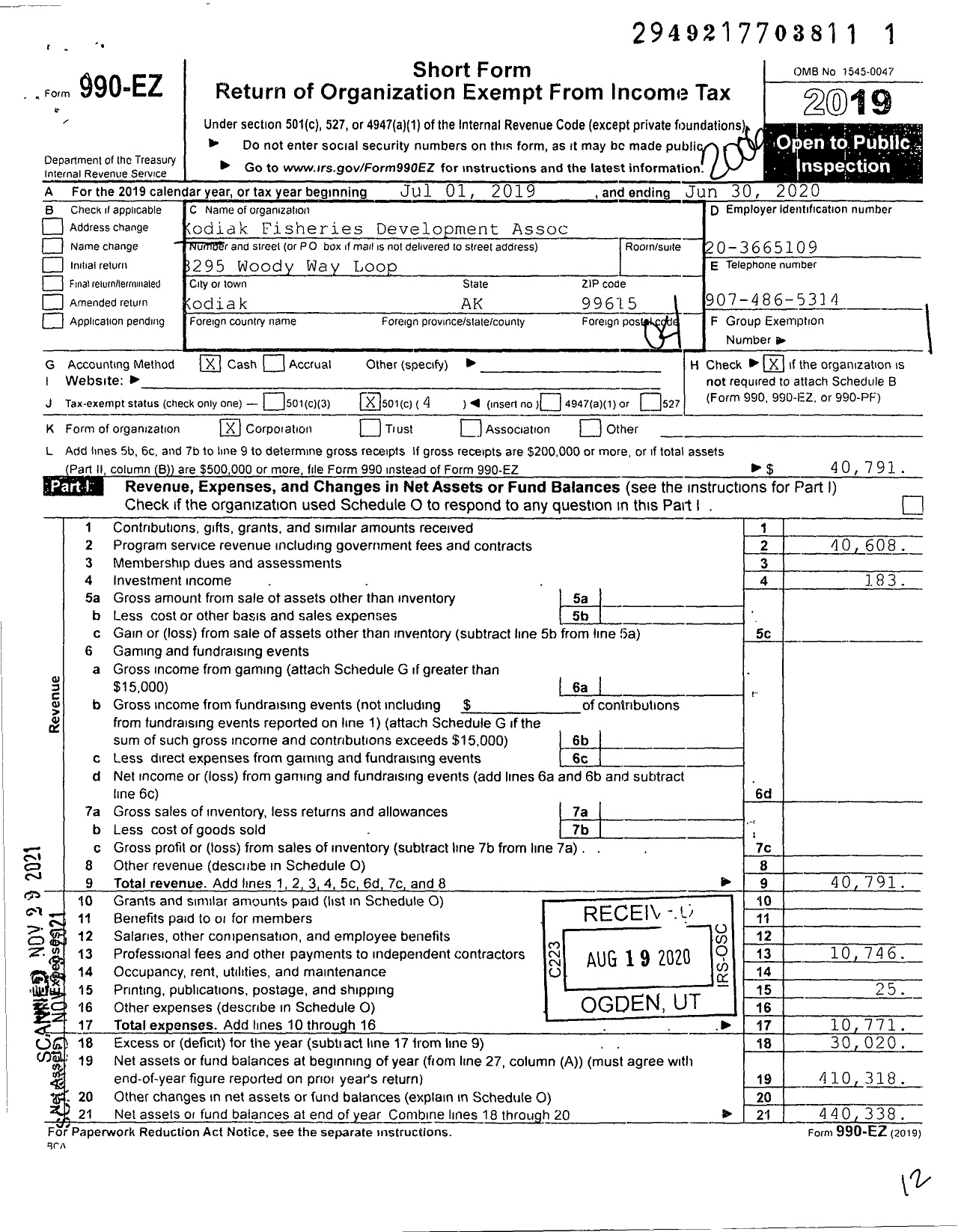 Image of first page of 2019 Form 990EO for Kodiak Fisheries Development Assoc