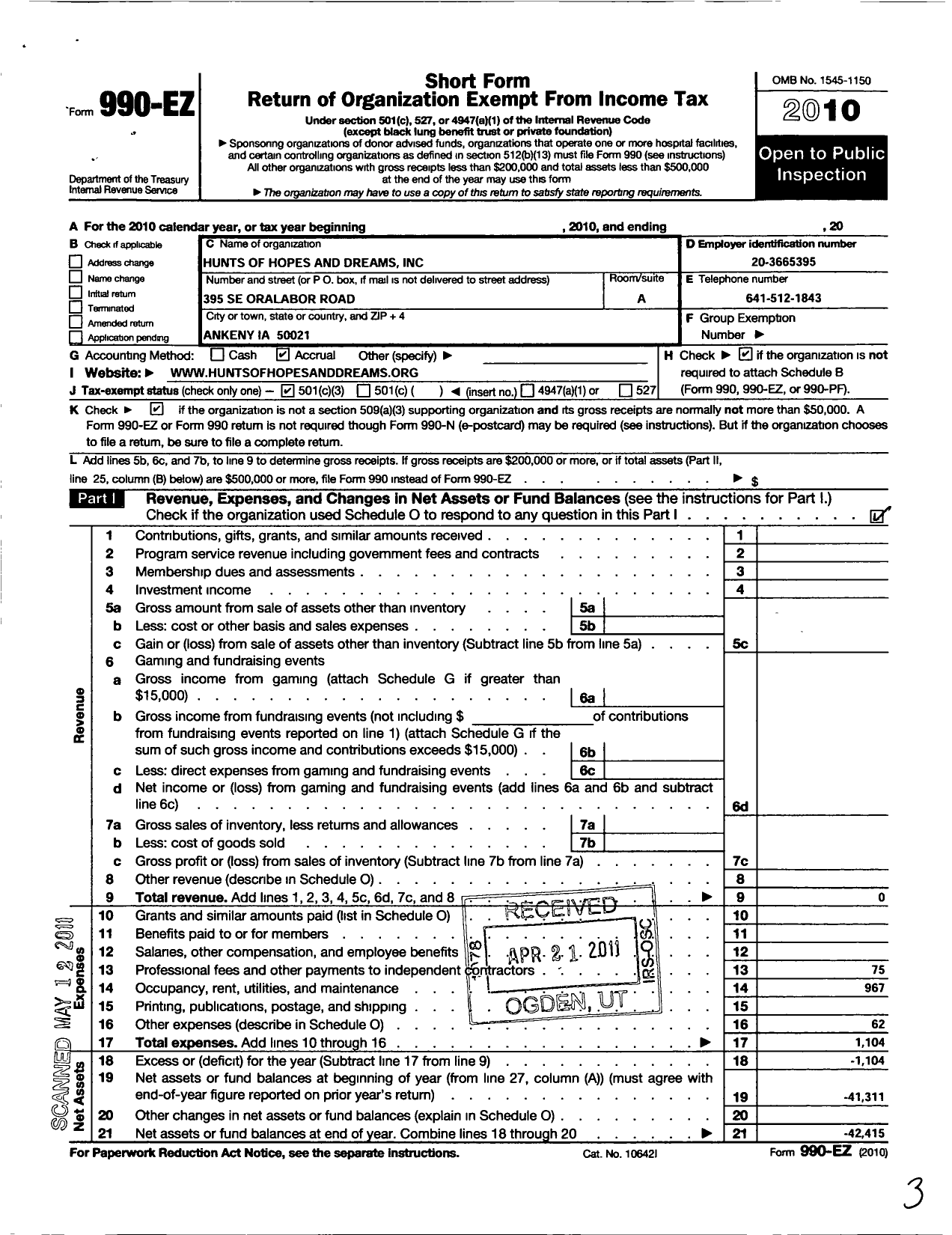 Image of first page of 2010 Form 990EZ for Hunts of Hopes and Dreams