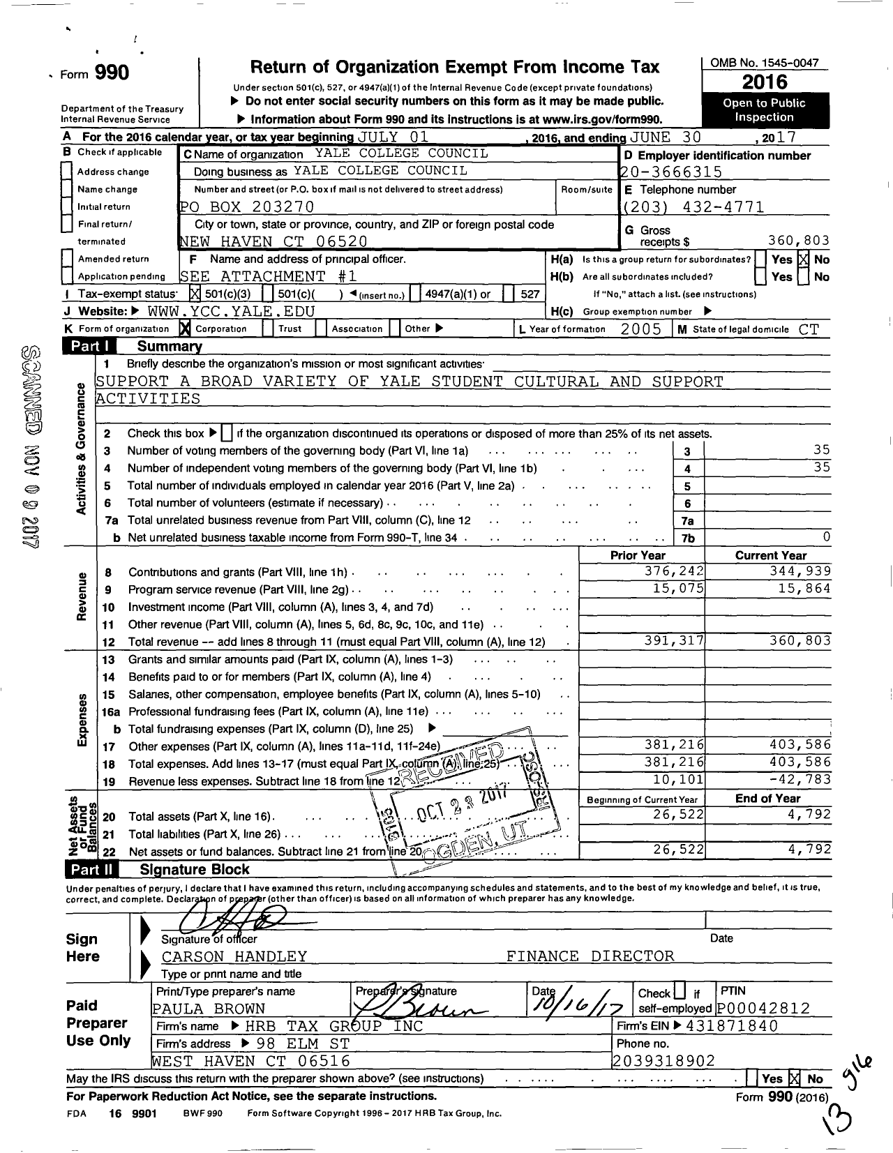 Image of first page of 2016 Form 990 for Yale College Council