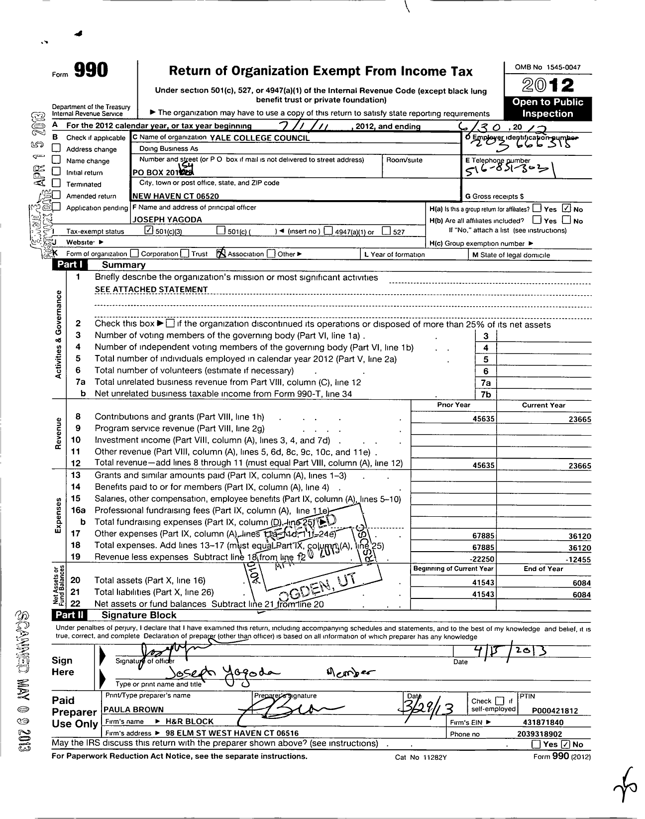 Image of first page of 2011 Form 990 for Yale College Council