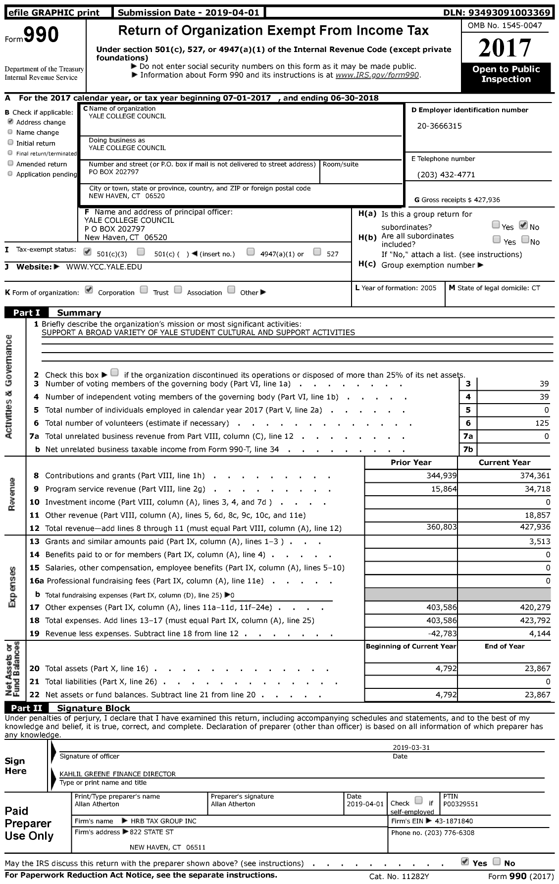 Image of first page of 2017 Form 990 for Yale College Council