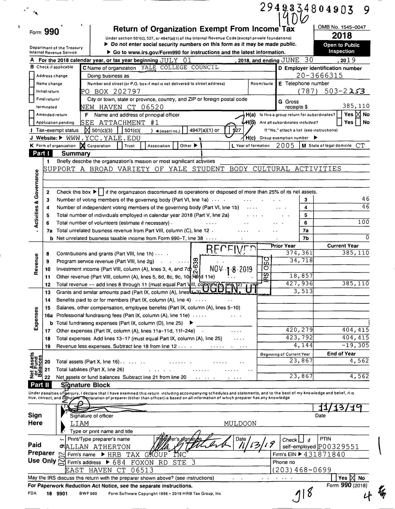 Image of first page of 2018 Form 990 for Yale College Council