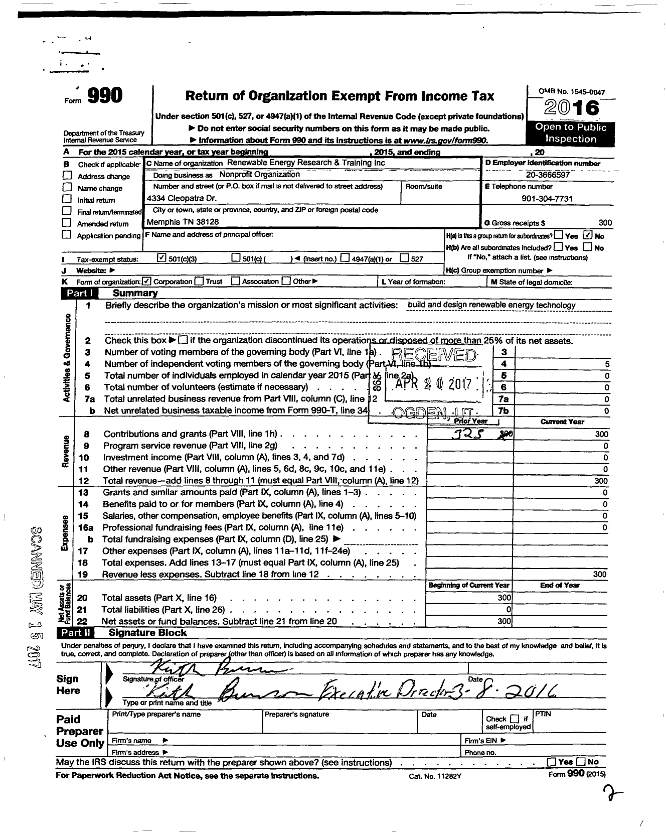 Image of first page of 2016 Form 990 for Renewable Energy Research and Training