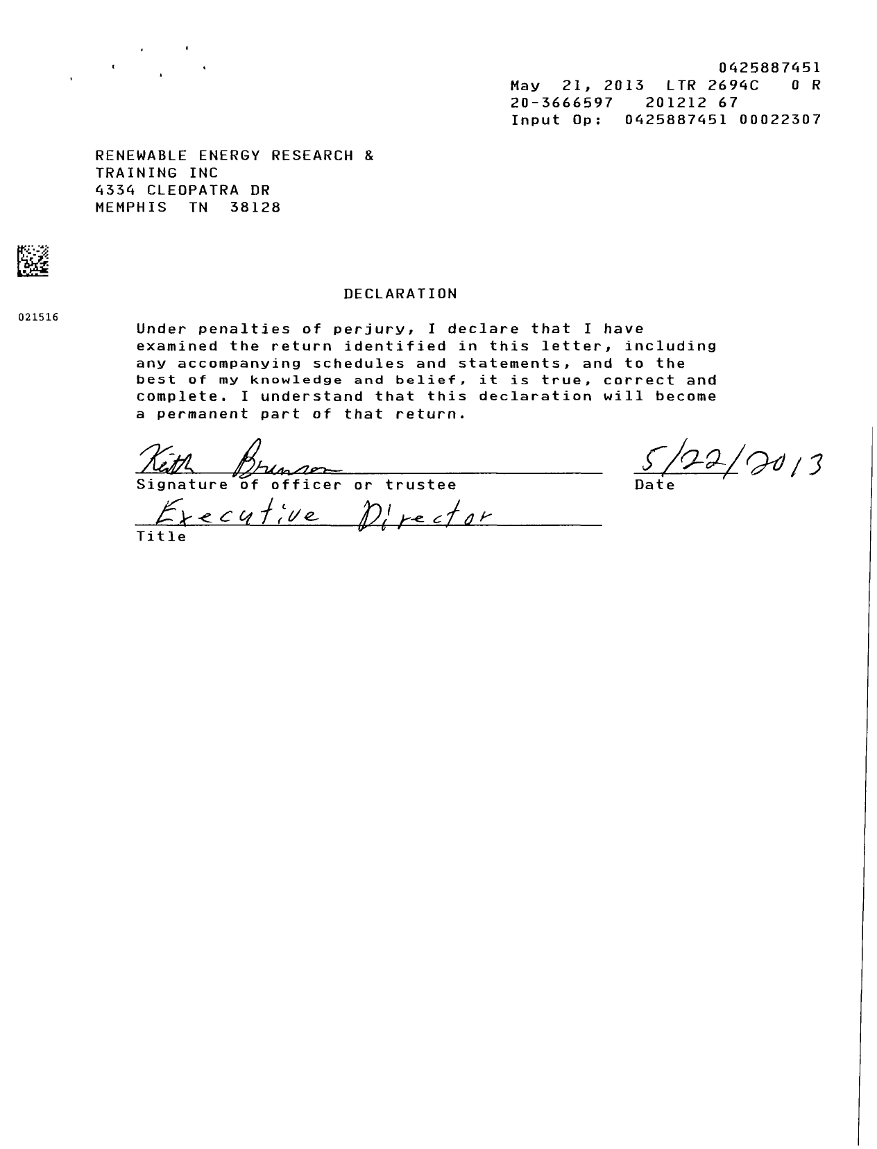 Image of first page of 2012 Form 990R for Renewable Energy Research and Training