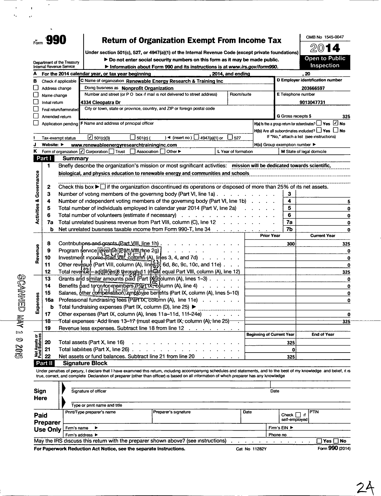 Image of first page of 2014 Form 990 for Renewable Energy Research and Training