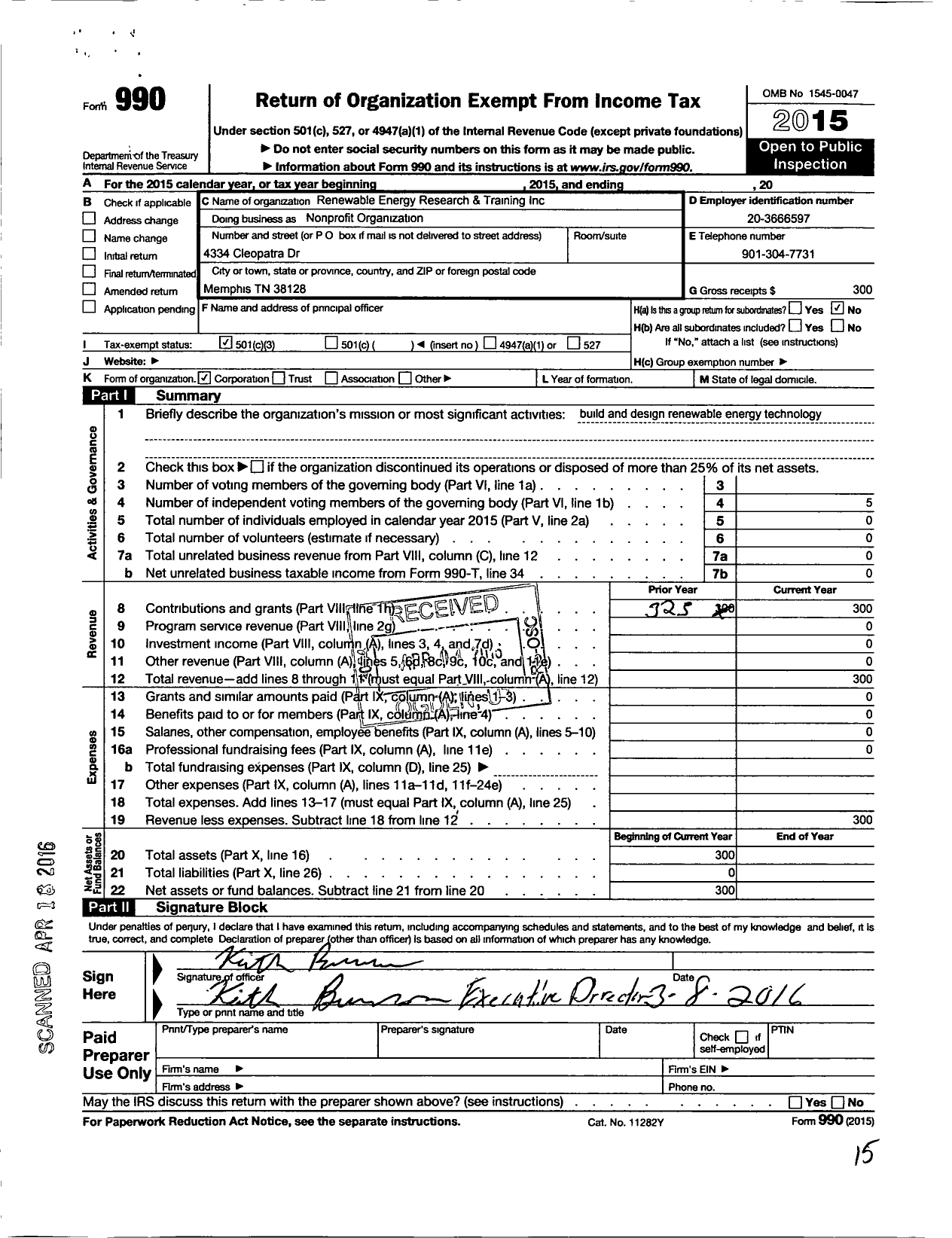 Image of first page of 2015 Form 990 for Renewable Energy Research and Training