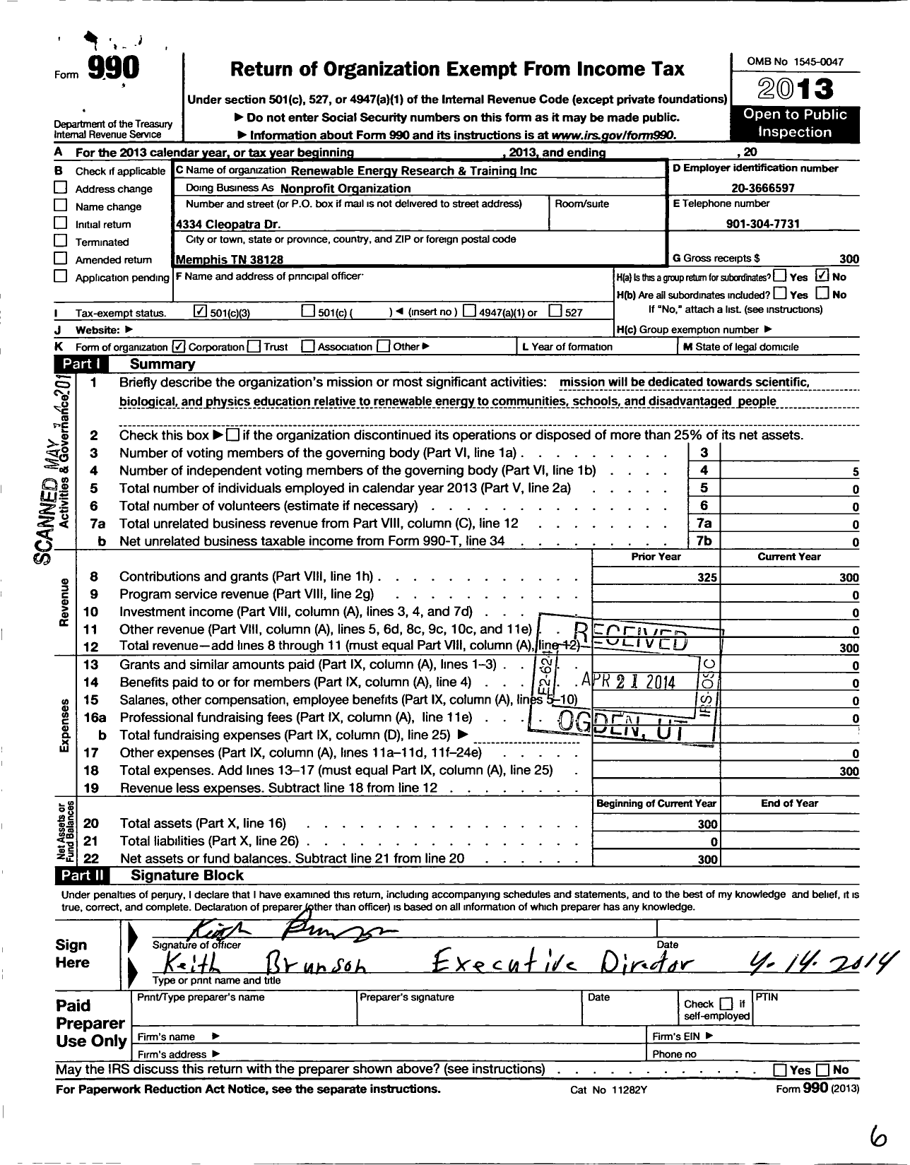 Image of first page of 2013 Form 990 for Renewable Energy Research and Training