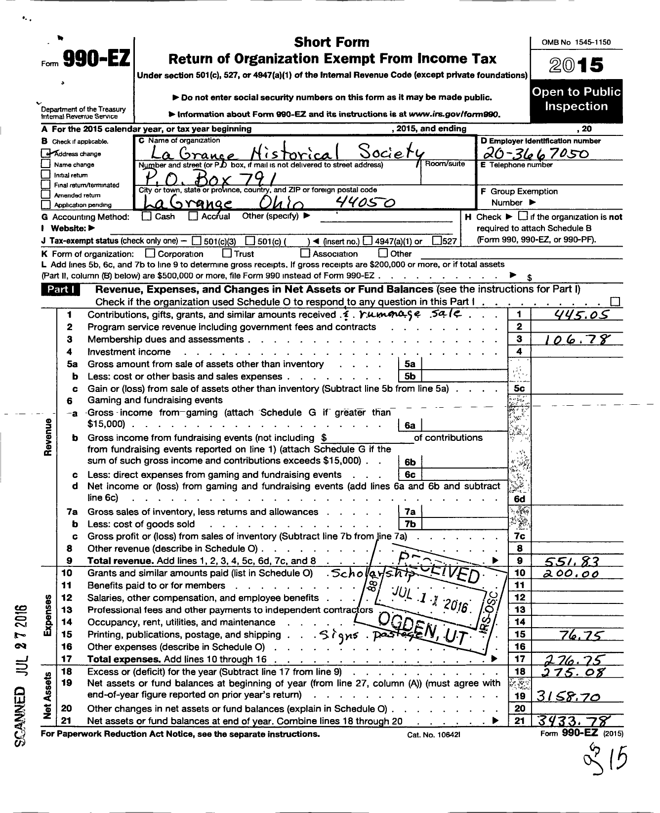 Image of first page of 2015 Form 990EO for Lagrange Historical Society