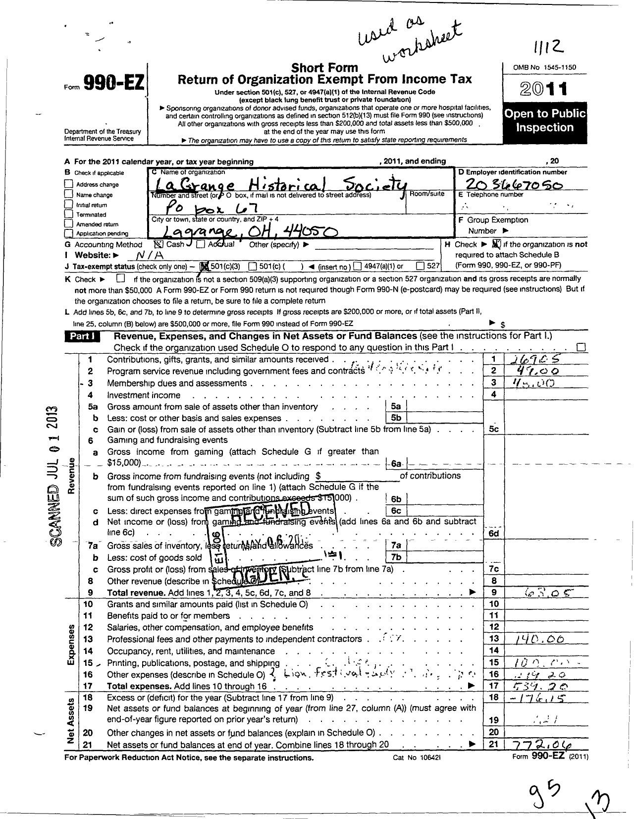 Image of first page of 2011 Form 990EZ for Lagrange Historical Society