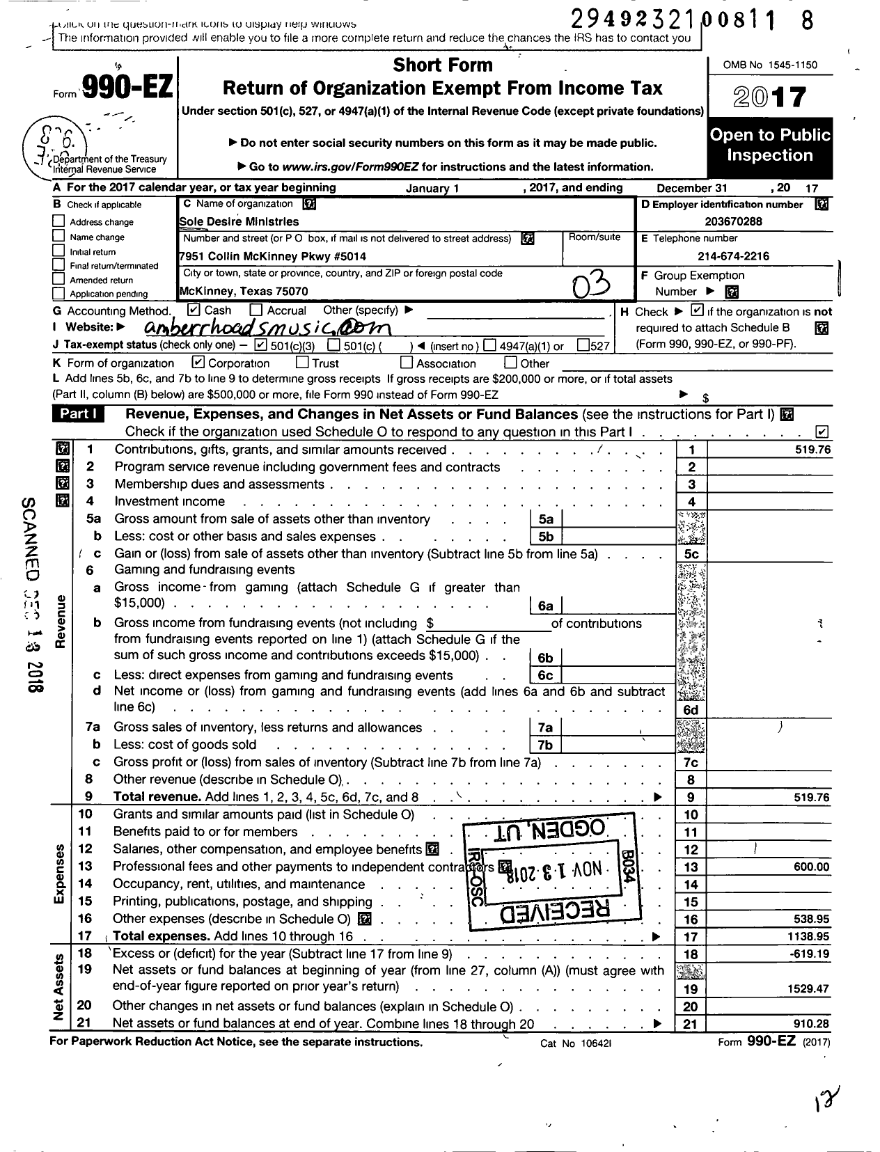 Image of first page of 2017 Form 990EZ for Sole Desire Ministries