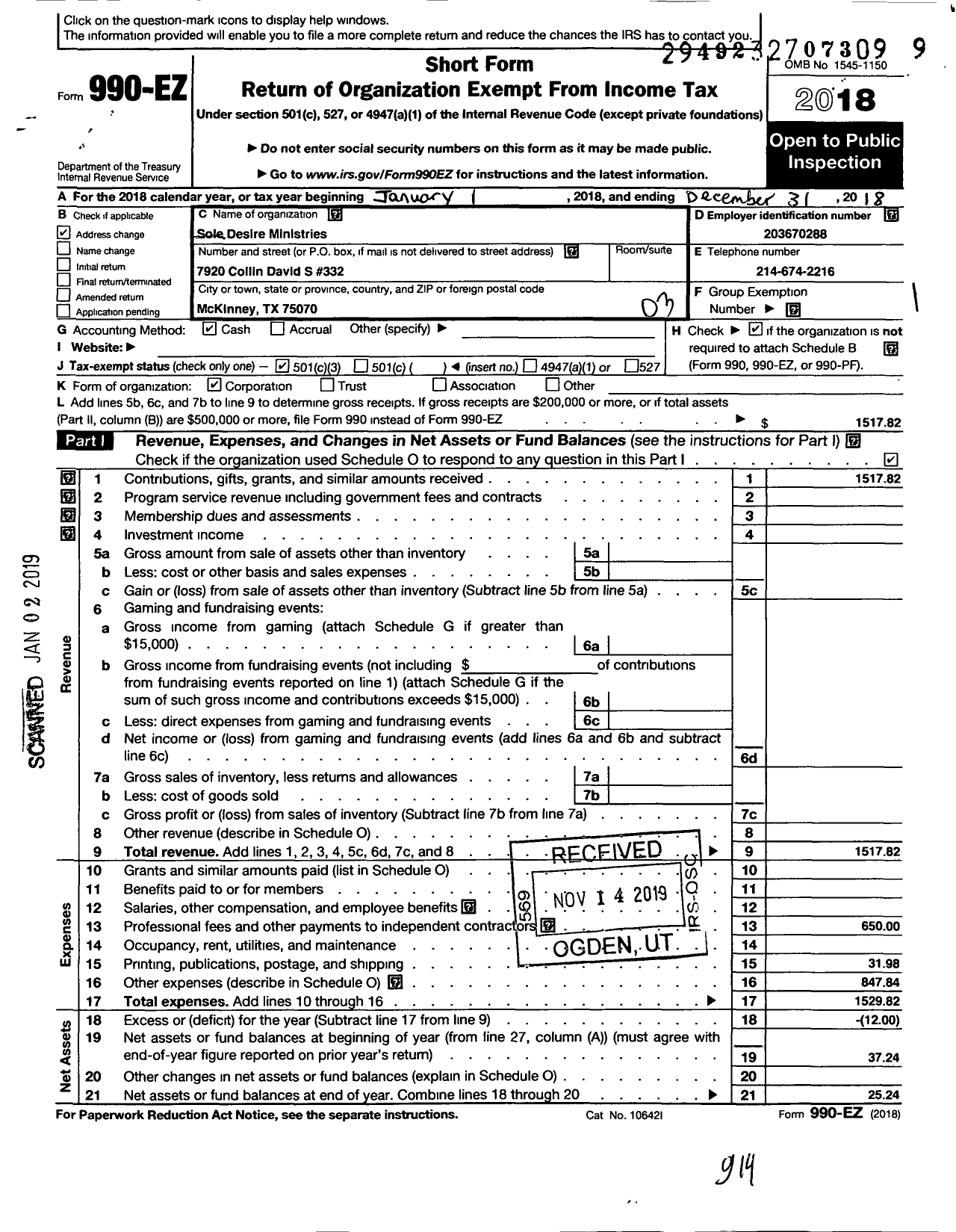 Image of first page of 2018 Form 990EZ for Sole Desire Ministries