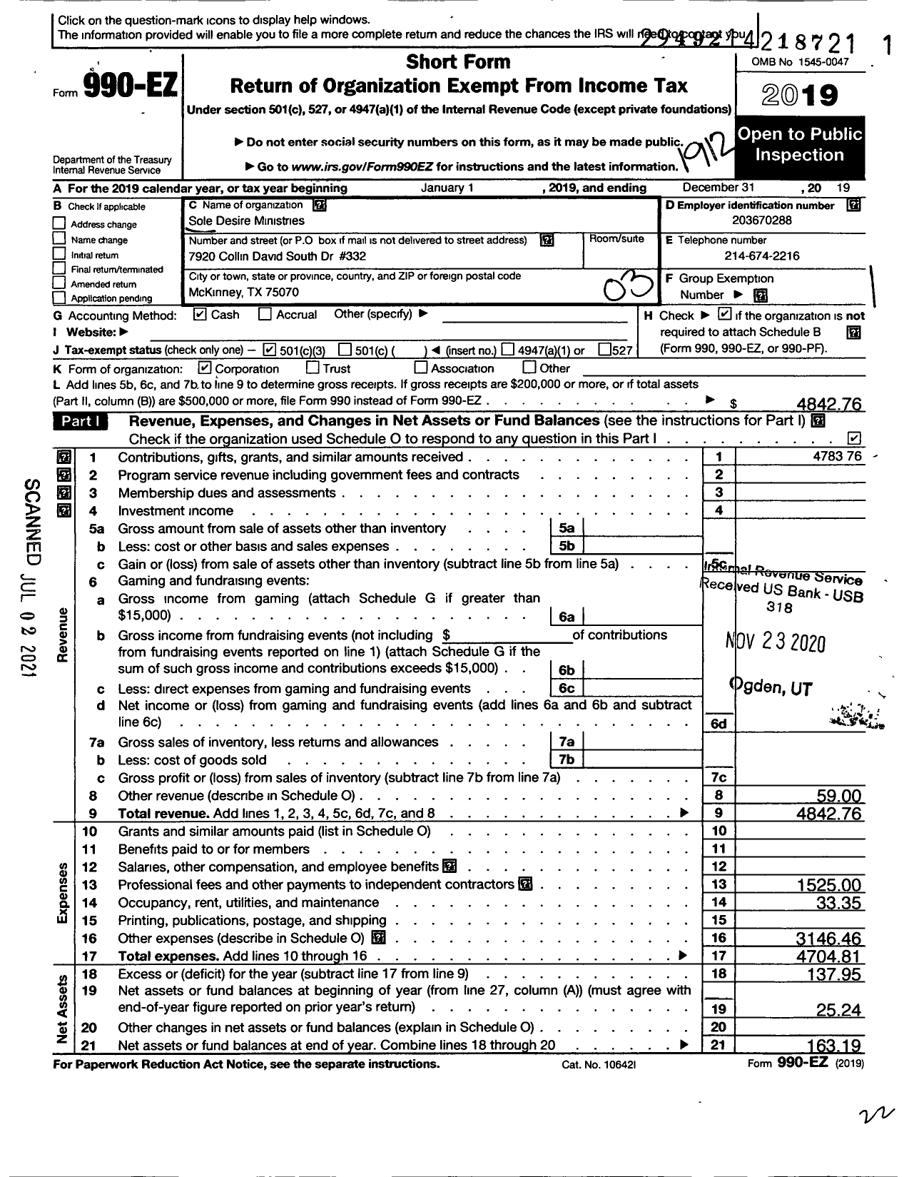 Image of first page of 2019 Form 990EZ for Sole Desire Ministries