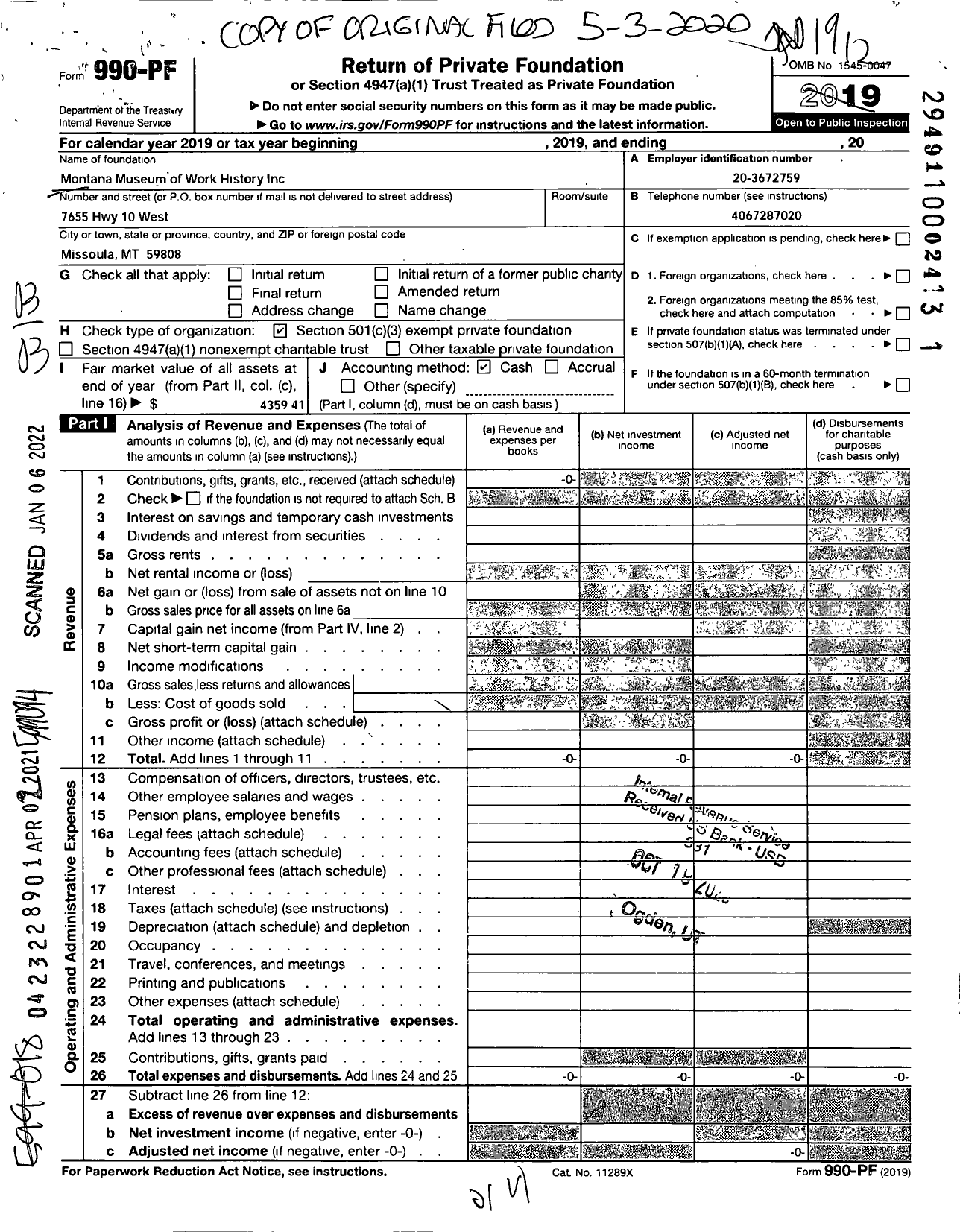 Image of first page of 2019 Form 990PF for Montana Museum of Work History