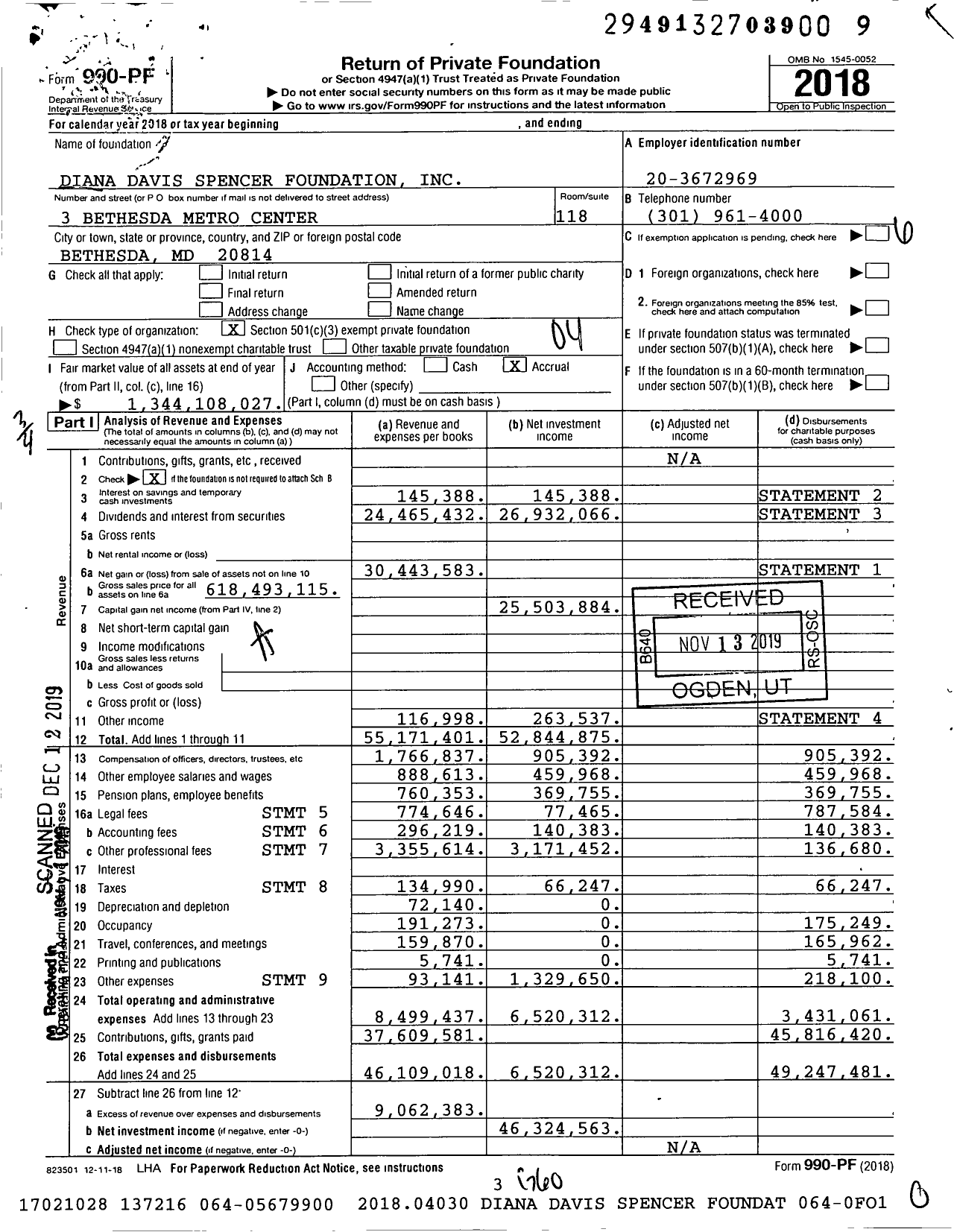 Image of first page of 2018 Form 990PF for Diana Davis Spencer Foundation