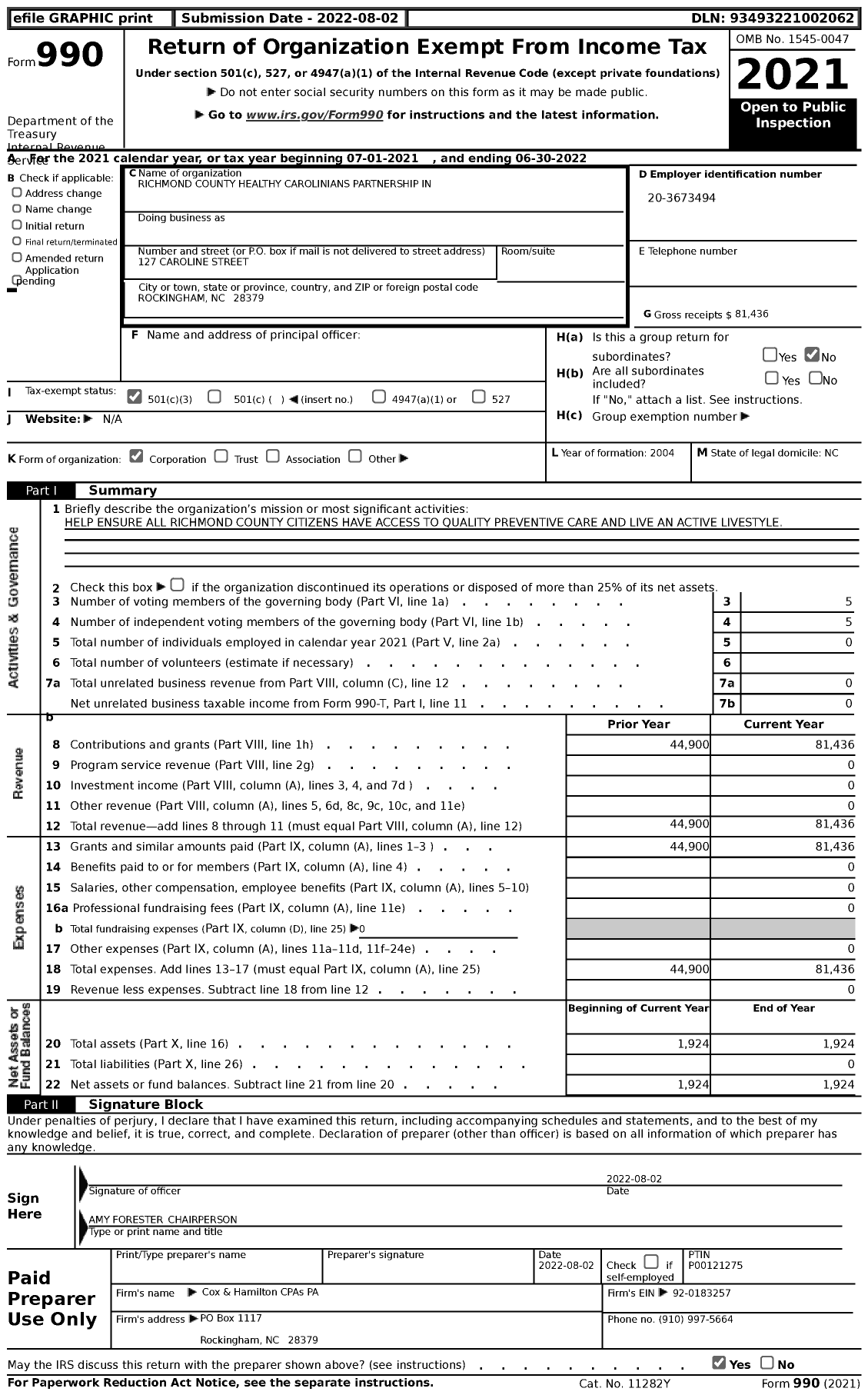 Image of first page of 2021 Form 990 for Richmond County Healthy Carolinians Partnership in