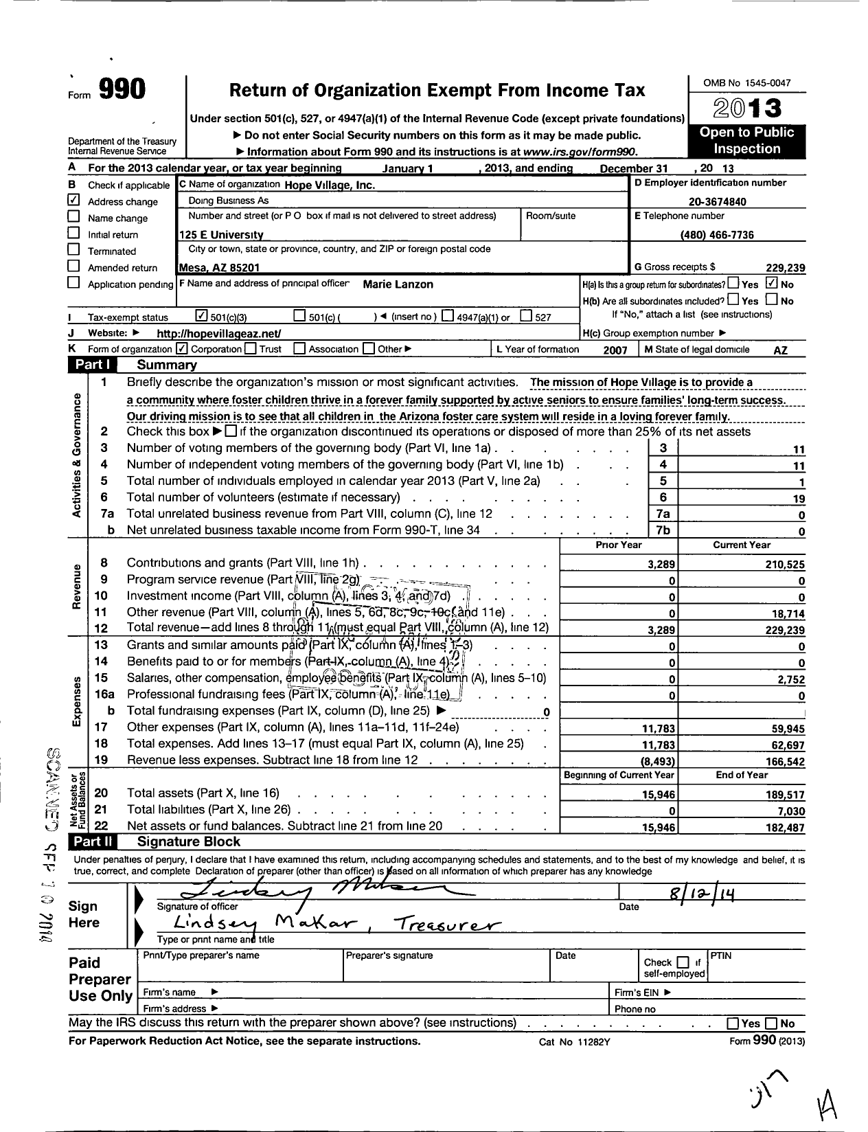 Image of first page of 2013 Form 990 for Hope Village / Marie Lanzon