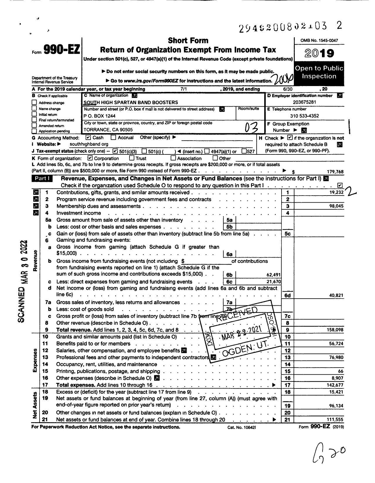 Image of first page of 2019 Form 990EZ for South High Spartan Band Boosters