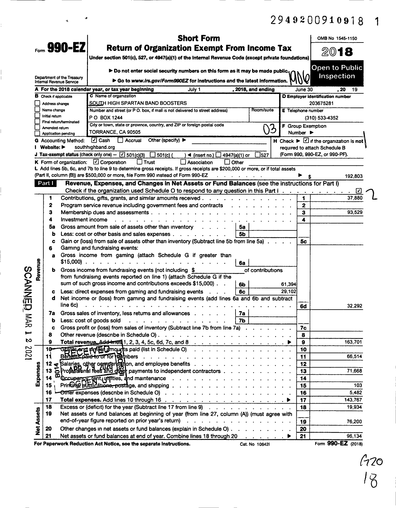 Image of first page of 2018 Form 990EZ for South High Spartan Band Boosters