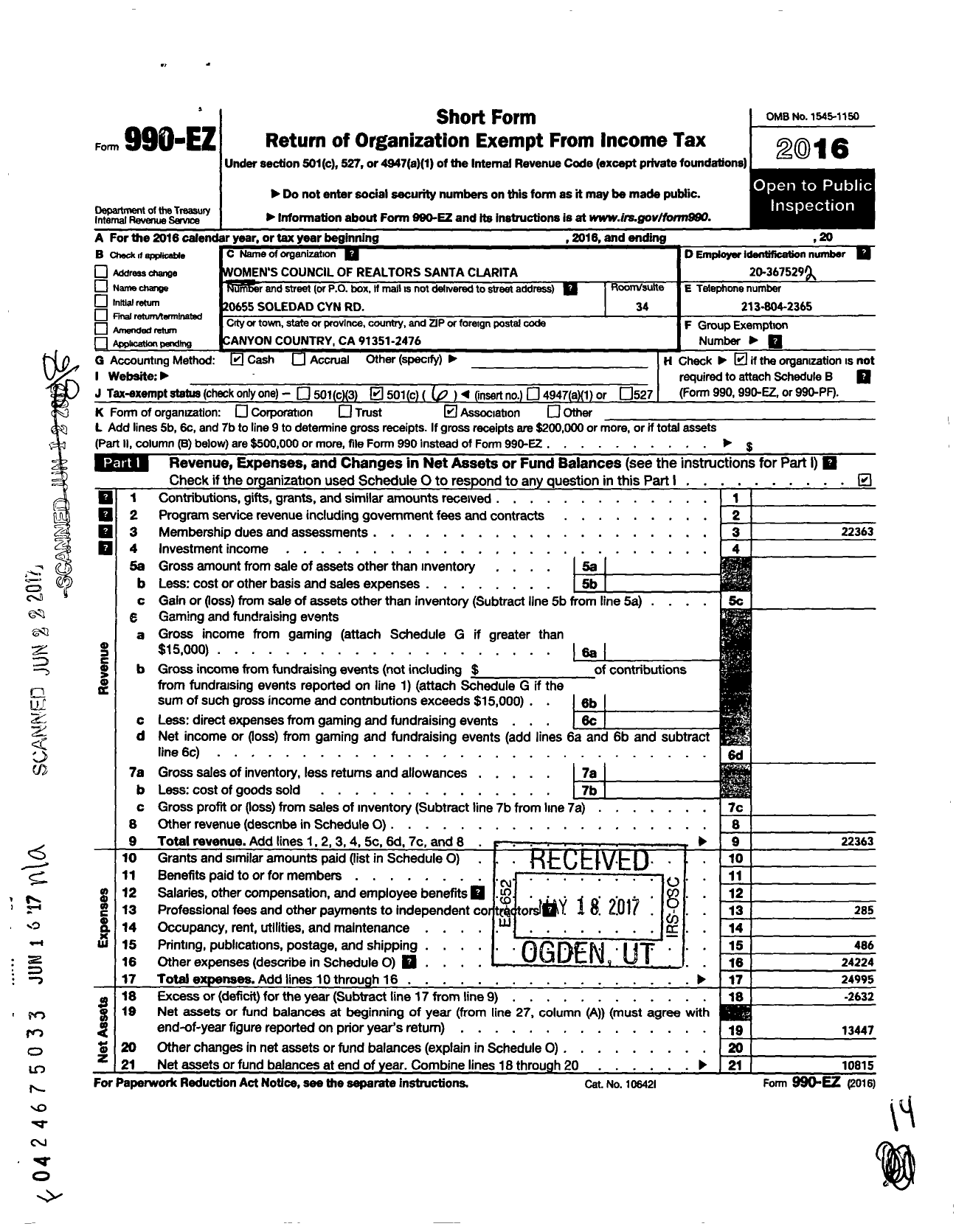 Image of first page of 2016 Form 990EO for California State Chapter Womens Council of Realtors / Santa Clarita Div