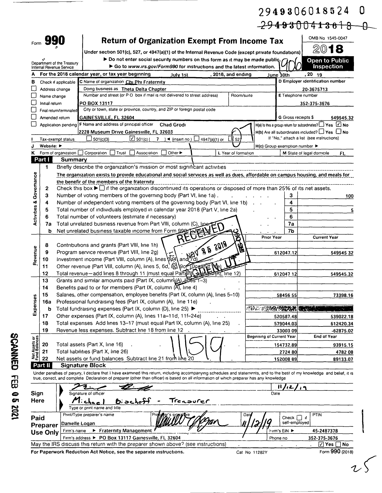 Image of first page of 2018 Form 990O for CHI PHI FRATERNITY / Theta Delta Chapter