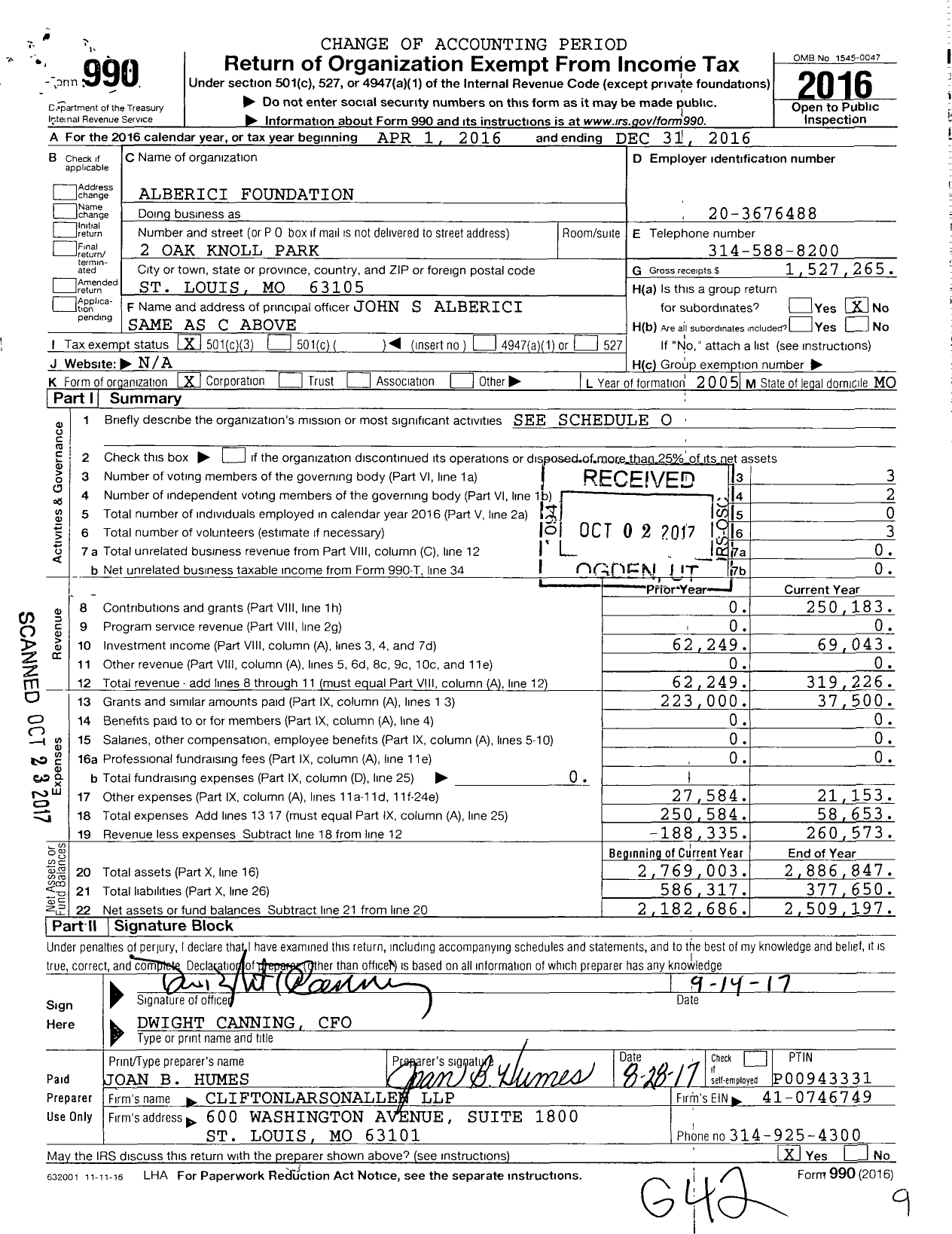 Image of first page of 2016 Form 990 for Alberici Foundation
