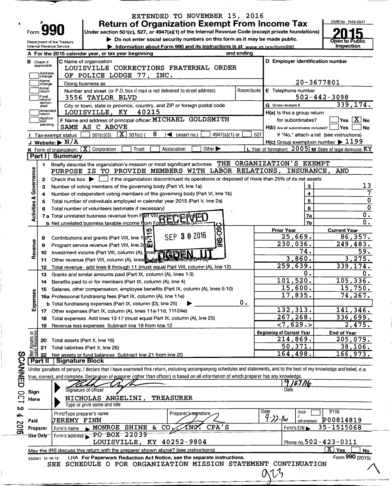 Image of first page of 2015 Form 990O for Fraternal Order of Police - 77 Louisville Corr Fop