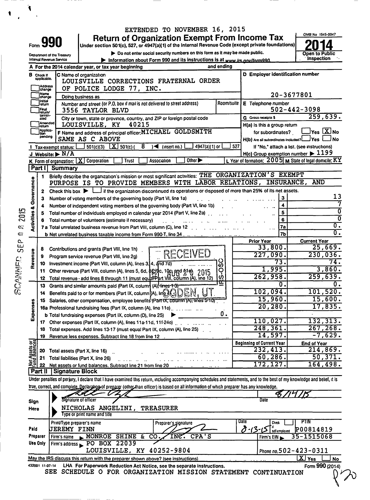 Image of first page of 2014 Form 990O for Fraternal Order of Police - 77 Louisville Corr Fop