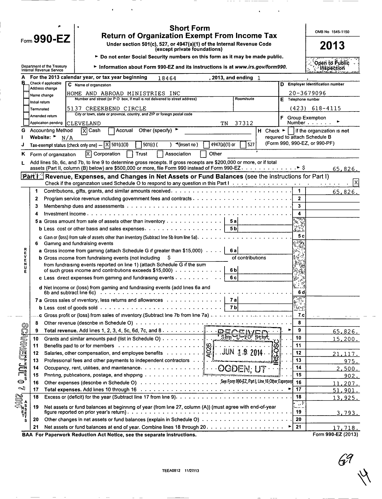 Image of first page of 2013 Form 990EZ for Home and Abroad Ministries